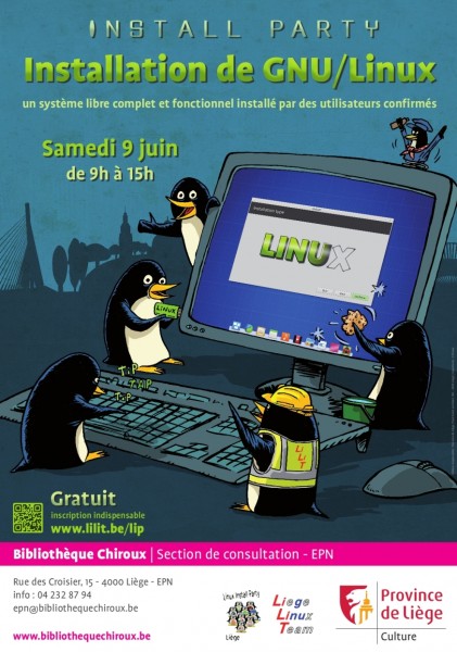 Linux install party à la  Bibliothèque Chiroux, Liège, 9 juin 2018
