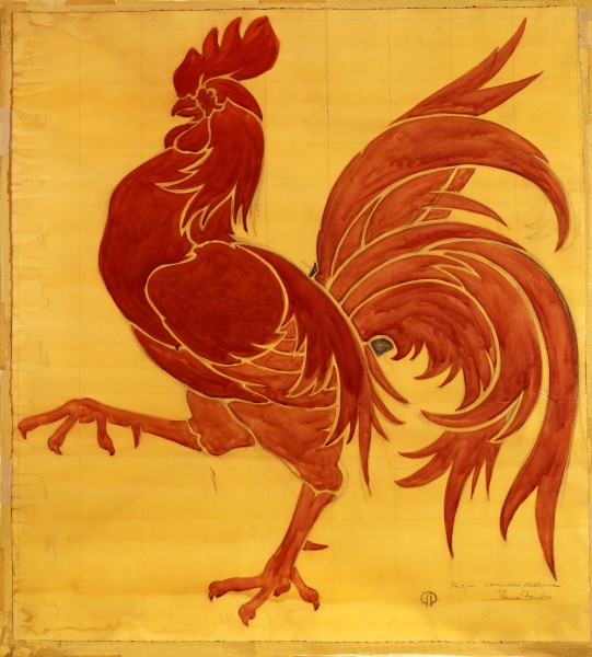 Aquarelle de Pierre Paulus représentant le coq hardi. Dessin original servant d'emblème et de drapeau à la Wallonie.