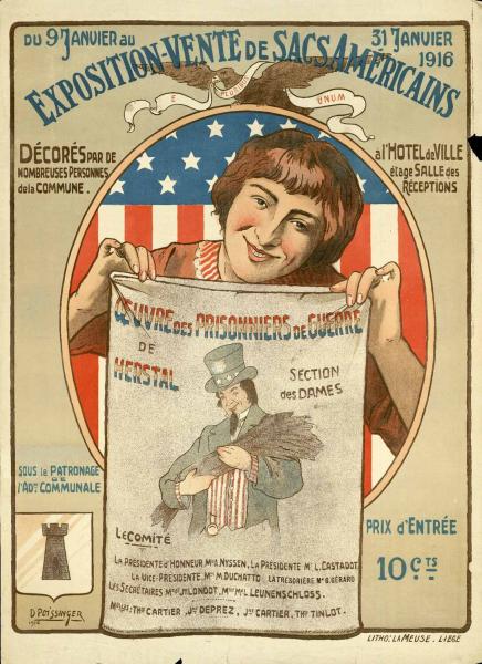 Affiche  pour une exposition –vente de sacs américains, Liège, 1916 D. Poissinger MVW-2021664-006